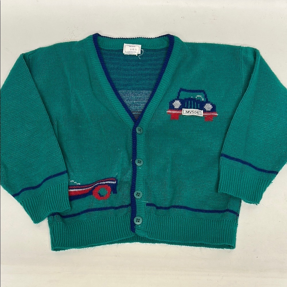 Green Cardigan with Car Design vintage little boys size 4